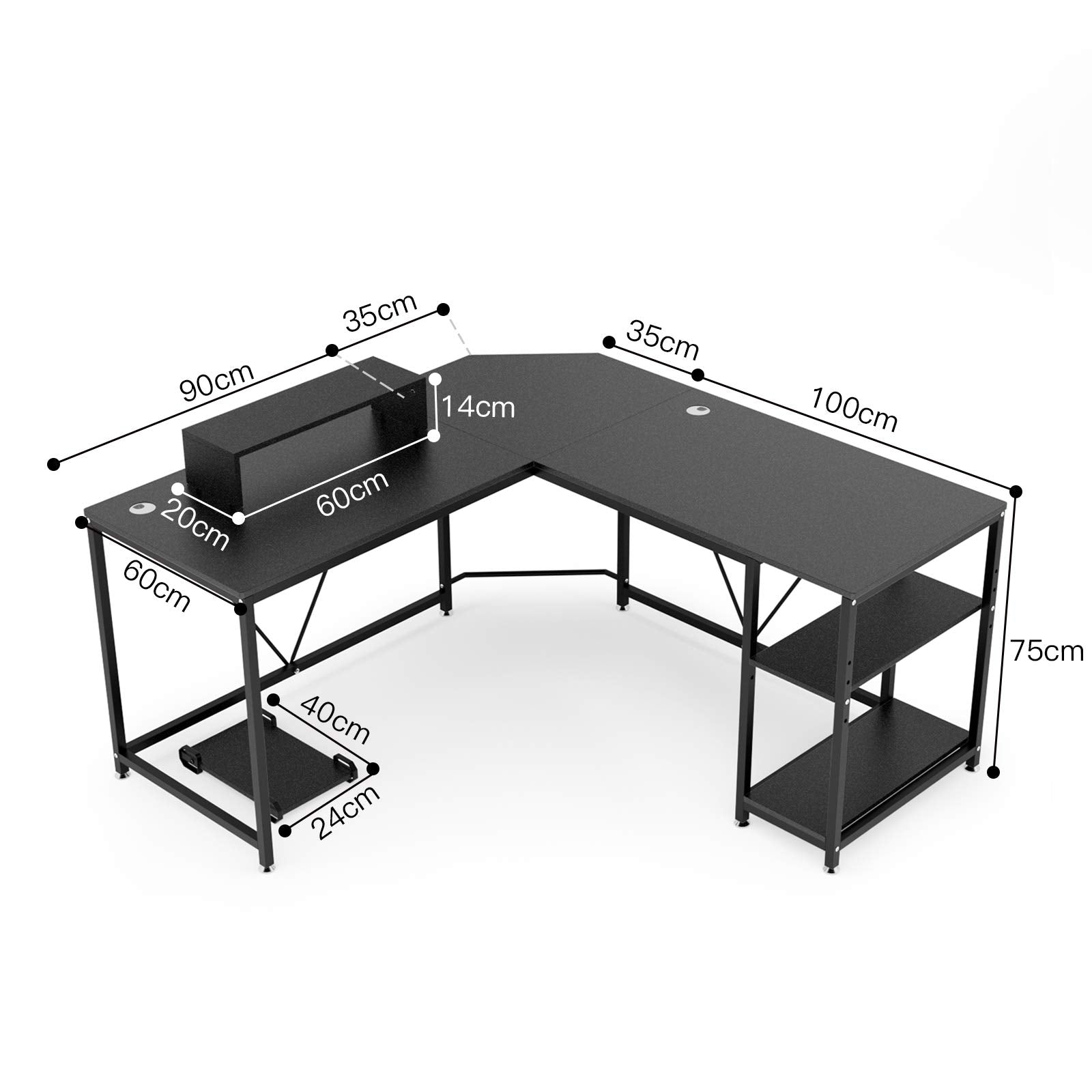 DEWEL L字型パソコンデスク 160cm コーナーデスク 収納ラック・CPUスタンド・モニター台付き
